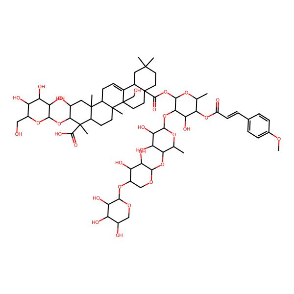 2D Structure of 8a-[3-[5-[3,4-Dihydroxy-5-(3,4,5-trihydroxyoxan-2-yl)oxyoxan-2-yl]oxy-3,4-dihydroxy-6-methyloxan-2-yl]oxy-4-hydroxy-5-[3-(4-methoxyphenyl)prop-2-enoyloxy]-6-methyloxan-2-yl]oxycarbonyl-2-hydroxy-6b-(hydroxymethyl)-4,6a,11,11,14b-pentamethyl-3-[3,4,5-trihydroxy-6-(hydroxymethyl)oxan-2-yl]oxy-1,2,3,4a,5,6,7,8,9,10,12,12a,14,14a-tetradecahydropicene-4-carboxylic acid