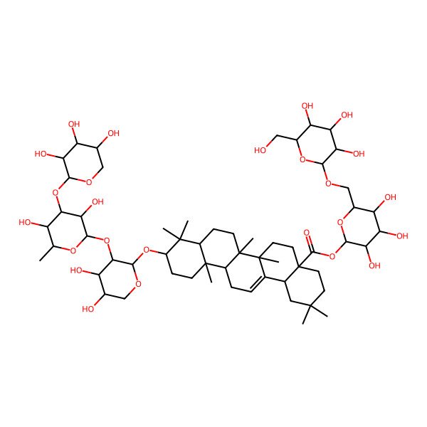 2D Structure of [3,4,5-Trihydroxy-6-[[3,4,5-trihydroxy-6-(hydroxymethyl)oxan-2-yl]oxymethyl]oxan-2-yl] 10-[3-[3,5-dihydroxy-6-methyl-4-(3,4,5-trihydroxyoxan-2-yl)oxyoxan-2-yl]oxy-4,5-dihydroxyoxan-2-yl]oxy-2,2,6a,6b,9,9,12a-heptamethyl-1,3,4,5,6,6a,7,8,8a,10,11,12,13,14b-tetradecahydropicene-4a-carboxylate