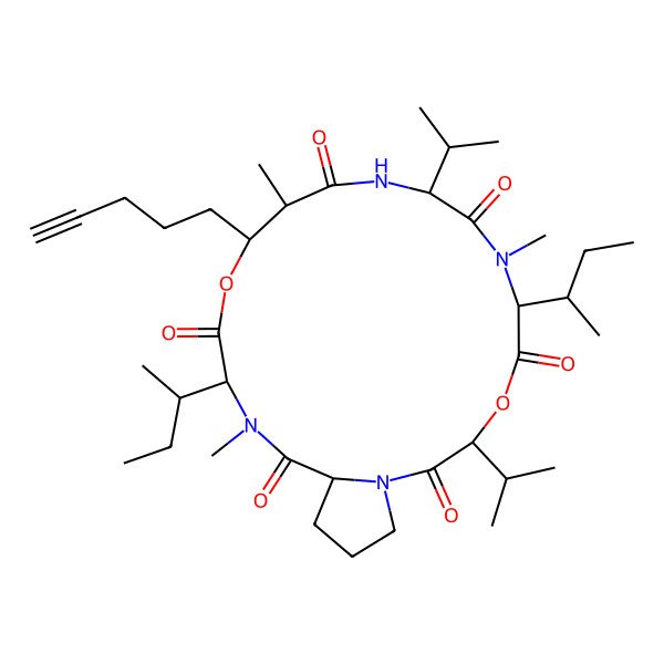 2D Structure of (3S,6R,9S,12S,13R,16S,19S)-16-[(2S)-butan-2-yl]-6-[(2R)-butan-2-yl]-7,12,17-trimethyl-13-pent-4-ynyl-3,9-di(propan-2-yl)-4,14-dioxa-1,7,10,17-tetrazabicyclo[17.3.0]docosane-2,5,8,11,15,18-hexone