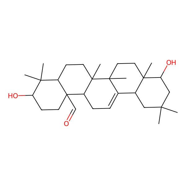2D Structure of 4,10-Dihydroxy-2,2,4a,6a,6b,9,9-heptamethyl-1,3,4,5,6,6a,7,8,8a,10,11,12,13,14b-tetradecahydropicene-12a-carbaldehyde
