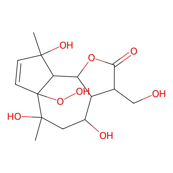 2D Structure of 6a-Hydroperoxy-4,6,9-trihydroxy-3-(hydroxymethyl)-6,9-dimethyl-3,3a,4,5,9a,9b-hexahydroazuleno[4,5-b]furan-2-one