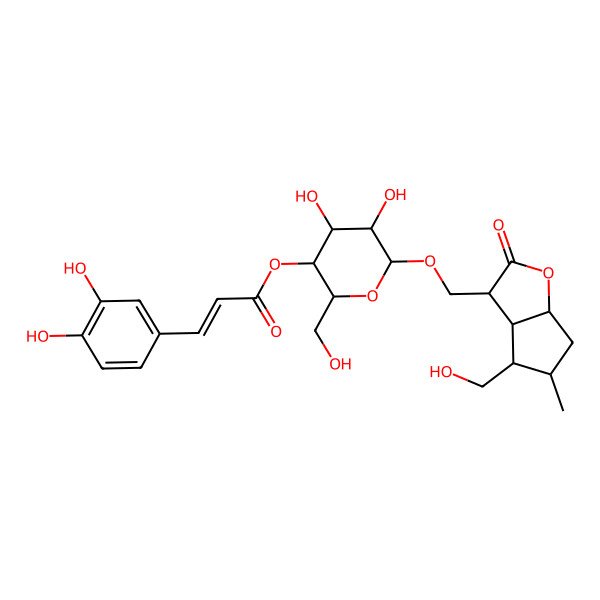2D Structure of [(2R,3S,4R,5R,6R)-6-[[(3R,3aS,4R,5S,6aS)-4-(hydroxymethyl)-5-methyl-2-oxo-3,3a,4,5,6,6a-hexahydrocyclopenta[b]furan-3-yl]methoxy]-4,5-dihydroxy-2-(hydroxymethyl)oxan-3-yl] (E)-3-(3,4-dihydroxyphenyl)prop-2-enoate