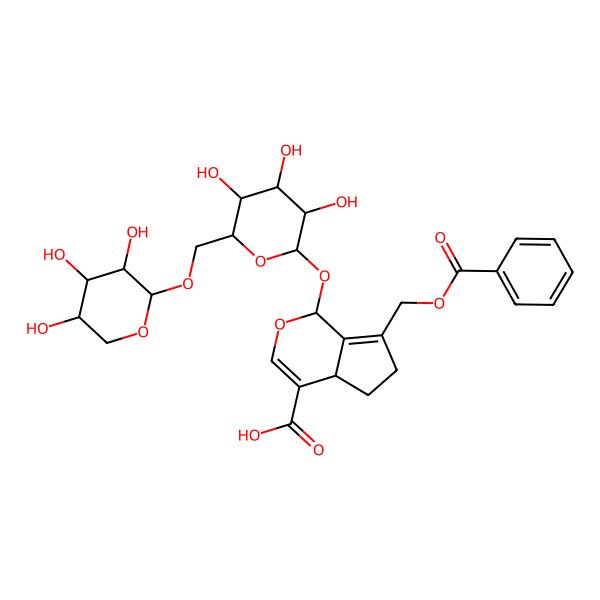 2D Structure of (1S,4aR)-7-(benzoyloxymethyl)-1-[(2S,3R,4R,5S,6R)-3,4,5-trihydroxy-6-[[(2S,3R,4S,5S)-3,4,5-trihydroxyoxan-2-yl]oxymethyl]oxan-2-yl]oxy-1,4a,5,6-tetrahydrocyclopenta[c]pyran-4-carboxylic acid