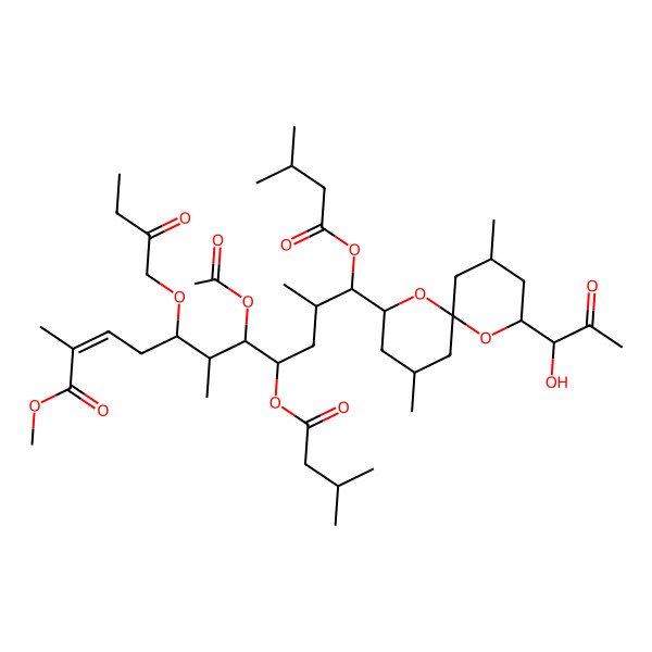 2D Structure of methyl (E)-7-acetoxy-11-[(6R,8S,10R)-10-(1-hydroxy-2-oxo-propyl)-2,8-dimethyl-5,11-dioxaspiro[5.5]undecan-4-yl]-2,6,10-trimethyl-8,11-bis(3-methylbutanoyloxy)-5-(2-oxobutoxy)undec-2-enoate