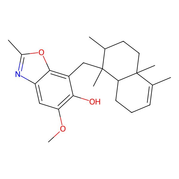 2D Structure of 5-Methoxy-2-methyl-7-(((1R,2S,4aR,8aS)-1,2,4a,5-tetramethyl-1,2,3,4,4a,7,8,8a-octahydronaphthalen-1-yl)methyl)benzo[d]oxazol-6-ol