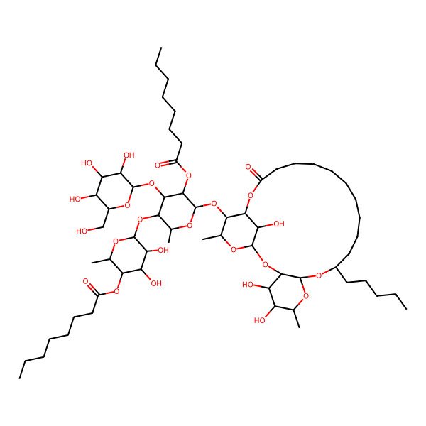 2D Structure of [(2S,3R,4S,5R,6S)-4,5-dihydroxy-2-methyl-6-[(2S,3S,4R,5R,6S)-2-methyl-5-octanoyloxy-6-[[(1S,3R,4S,5R,6R,8R,10S,22S,23S,24S,26R)-4,5,26-trihydroxy-6,24-dimethyl-20-oxo-10-pentyl-2,7,9,21,25-pentaoxatricyclo[20.3.1.03,8]hexacosan-23-yl]oxy]-4-[(2S,3R,4S,5S,6R)-3,4,5-trihydroxy-6-(hydroxymethyl)oxan-2-yl]oxyoxan-3-yl]oxyoxan-3-yl] octanoate
