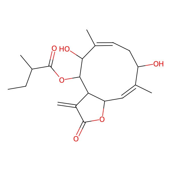 2D Structure of [(3aS,4R,5R,6Z,9R,10E,11aS)-5,9-dihydroxy-6,10-dimethyl-3-methylidene-2-oxo-3a,4,5,8,9,11a-hexahydrocyclodeca[b]furan-4-yl] (2S)-2-methylbutanoate