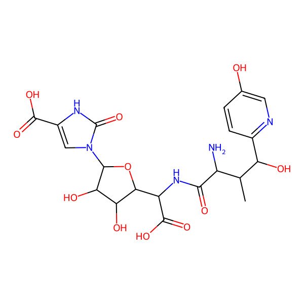 2D Structure of 3-[(2R,3R,4S,5R)-5-[(S)-[[(2S,3S,4R)-2-amino-4-hydroxy-4-(5-hydroxy-2-pyridinyl)-3-methylbutanoyl]amino]-carboxymethyl]-3,4-dihydroxyoxolan-2-yl]-2-oxo-1H-imidazole-5-carboxylic acid