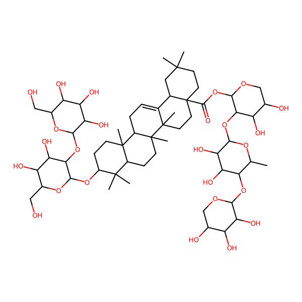 2D Structure of [(2S,3R,4S,5S)-3-[(2S,3R,4S,5R,6S)-3,4-dihydroxy-6-methyl-5-[(2S,3R,4S,5R)-3,4,5-trihydroxyoxan-2-yl]oxyoxan-2-yl]oxy-4,5-dihydroxyoxan-2-yl] (4aS,6aR,6aS,6bR,8aR,10S,12aR,14bS)-10-[(2R,3R,4S,5S,6R)-4,5-dihydroxy-6-(hydroxymethyl)-3-[(2S,3R,4S,5S,6R)-3,4,5-trihydroxy-6-(hydroxymethyl)oxan-2-yl]oxyoxan-2-yl]oxy-2,2,6a,6b,9,9,12a-heptamethyl-1,3,4,5,6,6a,7,8,8a,10,11,12,13,14b-tetradecahydropicene-4a-carboxylate