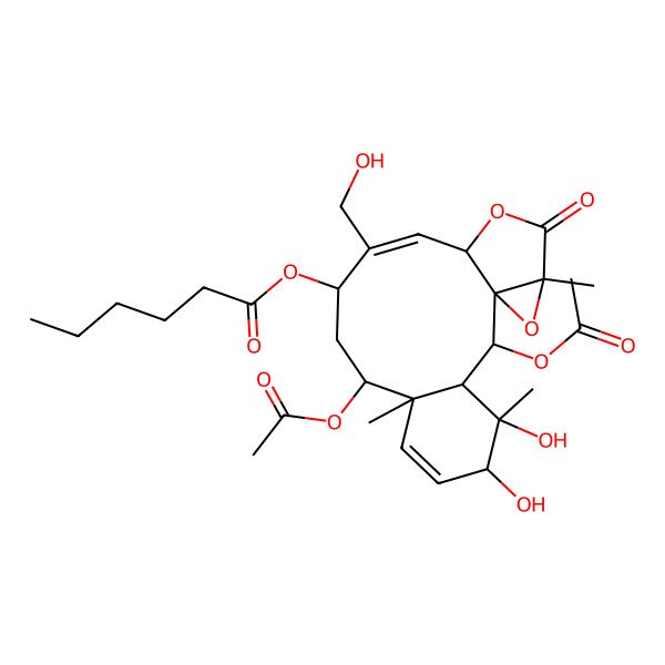 2D Structure of [(1S,2S,3S,4S,5R,8R,9S,11R,12Z,14S,17R)-2,9-diacetyloxy-4,5-dihydroxy-12-(hydroxymethyl)-4,8,17-trimethyl-16-oxo-15,18-dioxatetracyclo[12.4.0.01,17.03,8]octadeca-6,12-dien-11-yl] hexanoate