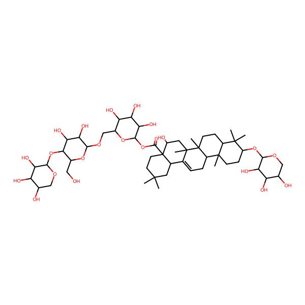 2D Structure of [(2S,3R,4S,5S,6R)-6-[[(2R,3R,4R,5S,6R)-3,4-dihydroxy-6-(hydroxymethyl)-5-[(2S,3R,4S,5S)-3,4,5-trihydroxyoxan-2-yl]oxyoxan-2-yl]oxymethyl]-3,4,5-trihydroxyoxan-2-yl] (4aR,5R,6aR,6aS,6bR,8aR,10S,12aR,14bS)-5-hydroxy-2,2,6a,6b,9,9,12a-heptamethyl-10-[(2S,3R,4S,5S)-3,4,5-trihydroxyoxan-2-yl]oxy-1,3,4,5,6,6a,7,8,8a,10,11,12,13,14b-tetradecahydropicene-4a-carboxylate