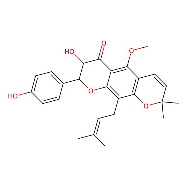2D Structure of (7R,8S)-7-hydroxy-8-(4-hydroxyphenyl)-5-methoxy-2,2-dimethyl-10-(3-methylbut-2-enyl)-7,8-dihydropyrano[3,2-g]chromen-6-one