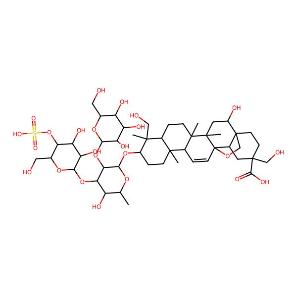 2D Structure of (1S,2S,4S,5R,8R,9R,10S,13S,14R,18R,20S)-10-[(2R,3R,4S,5S,6R)-4-[(2S,3R,4R,5S,6R)-3,4-dihydroxy-6-(hydroxymethyl)-5-sulfooxyoxan-2-yl]oxy-5-hydroxy-6-methyl-3-[(2S,3R,4S,5S,6R)-3,4,5-trihydroxy-6-(hydroxymethyl)oxan-2-yl]oxyoxan-2-yl]oxy-2-hydroxy-9,20-bis(hydroxymethyl)-4,5,9,13-tetramethyl-24-oxahexacyclo[15.5.2.01,18.04,17.05,14.08,13]tetracos-15-ene-20-carboxylic acid