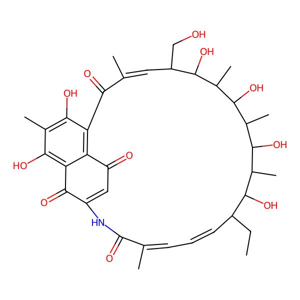 2D Structure of 17-Ethyl-2,4,10,12,14,16-hexahydroxy-9-(hydroxymethyl)-3,7,11,13,15,21-hexamethyl-23-azatricyclo[22.3.1.05,27]octacosa-1,3,5(27),7,18,20,24-heptaene-6,22,26,28-tetrone