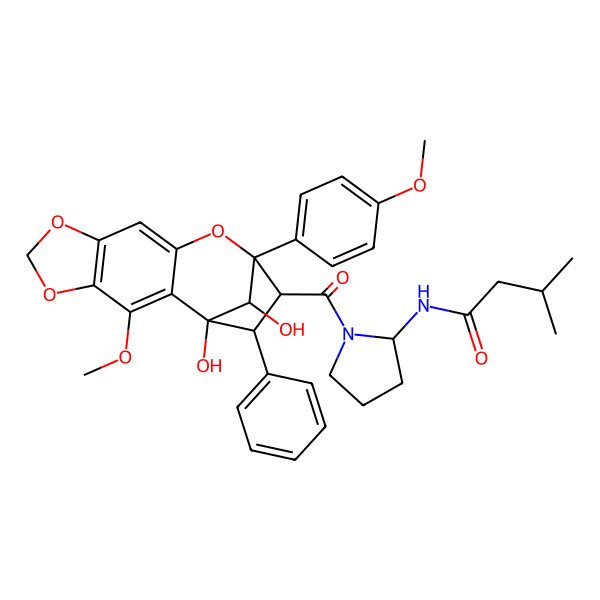 2D Structure of N-[1-[(12R,13S,14R)-1,15-dihydroxy-3-methoxy-12-(4-methoxyphenyl)-14-phenyl-5,7,11-trioxatetracyclo[10.2.1.02,10.04,8]pentadeca-2,4(8),9-triene-13-carbonyl]pyrrolidin-2-yl]-3-methylbutanamide