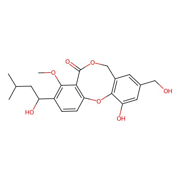 2D Structure of 4-hydroxy-2-(hydroxymethyl)-8-(1-hydroxy-3-methylbutyl)-9-methoxy-12H-benzo[b][1,5]benzodioxocin-10-one