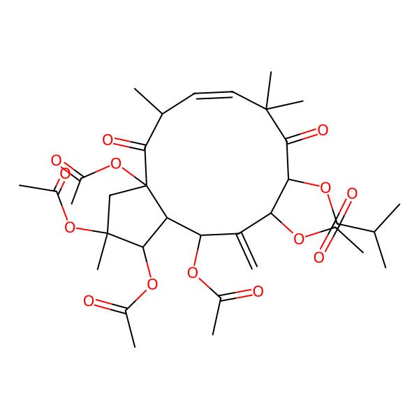 2D Structure of (1,2,3a,11,13-pentaacetyloxy-2,5,8,8-tetramethyl-12-methylidene-4,9-dioxo-3,5,10,11,13,13a-hexahydro-1H-cyclopenta[12]annulen-10-yl) 2-methylpropanoate