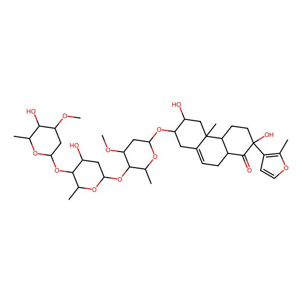2D Structure of 2,6-dihydroxy-7-[5-[4-hydroxy-5-(5-hydroxy-4-methoxy-6-methyloxan-2-yl)oxy-6-methyloxan-2-yl]oxy-4-methoxy-6-methyloxan-2-yl]oxy-4b-methyl-2-(2-methylfuran-3-yl)-4,4a,5,6,7,8,10,10a-octahydro-3H-phenanthren-1-one