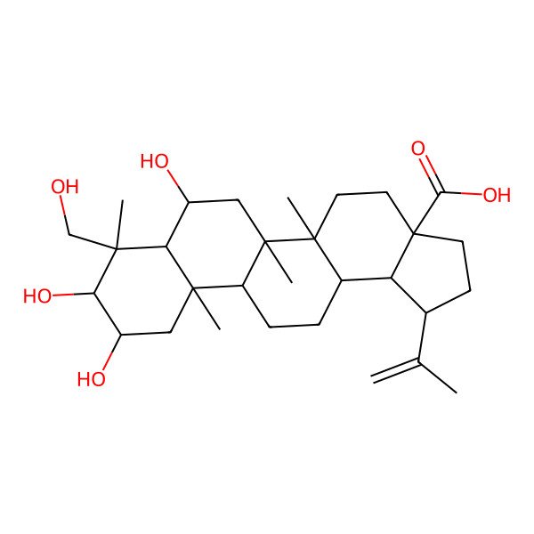 2D Structure of (1R,3aS,5aR,5bR,7R,7aR,8R,9R,10R,11aR,11bR,13aR,13bS)-7,9,10-trihydroxy-8-(hydroxymethyl)-5a,5b,8,11a-tetramethyl-1-prop-1-en-2-yl-1,2,3,4,5,6,7,7a,9,10,11,11b,12,13,13a,13b-hexadecahydrocyclopenta[a]chrysene-3a-carboxylic acid