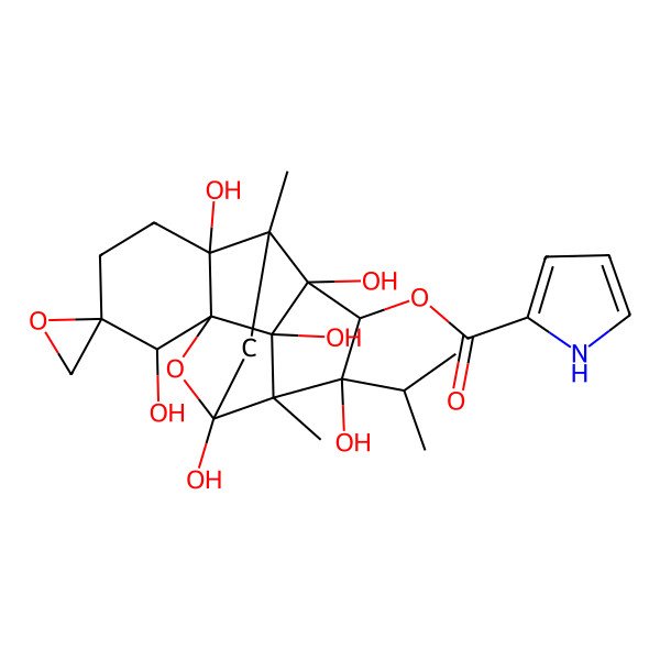 2D Structure of (2,6,9,11,13,14-hexahydroxy-7,10-dimethyl-11-propan-2-ylspiro[15-oxapentacyclo[7.5.1.01,6.07,13.010,14]pentadecane-3,2'-oxirane]-12-yl) 1H-pyrrole-2-carboxylate