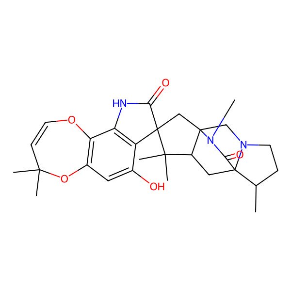 2D Structure of 7-hydroxy-4,4,6',10',10',13'-hexamethylspiro[10H-[1,4]dioxepino[2,3-g]indole-8,11'-3,13-diazatetracyclo[5.5.2.01,9.03,7]tetradecane]-9,14'-dione