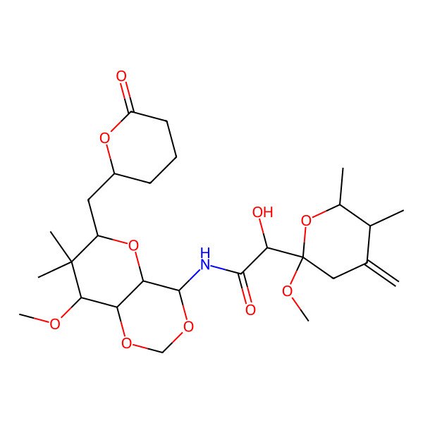 2D Structure of 2-hydroxy-2-(2-methoxy-5,6-dimethyl-4-methylideneoxan-2-yl)-N-[8-methoxy-7,7-dimethyl-6-[(6-oxooxan-2-yl)methyl]-4a,6,8,8a-tetrahydro-4H-pyrano[3,2-d][1,3]dioxin-4-yl]acetamide