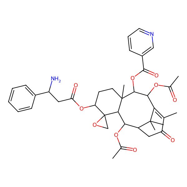 2D Structure of [2',10'-Diacetyloxy-5'-(3-amino-3-phenylpropanoyl)oxy-8',12',15',15'-tetramethyl-13'-oxospiro[oxirane-2,4'-tricyclo[9.3.1.03,8]pentadec-11-ene]-9'-yl] pyridine-3-carboxylate