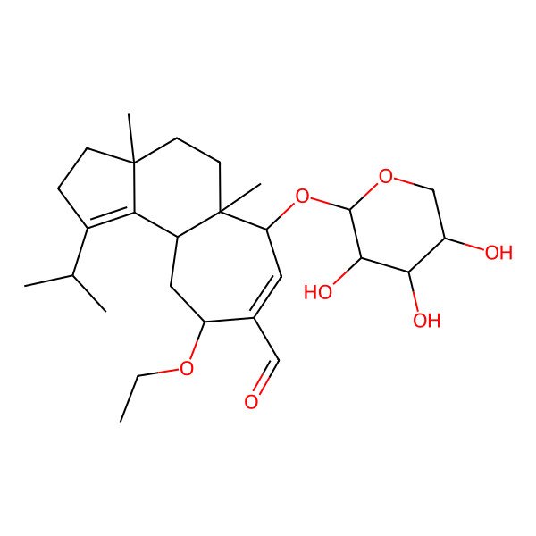 2D Structure of (3aR,5aR,6S,9S,10aR)-9-ethoxy-3a,5a-dimethyl-1-propan-2-yl-6-[(2S,3R,4S,5R)-3,4,5-trihydroxyoxan-2-yl]oxy-2,3,4,5,6,9,10,10a-octahydrocyclohepta[e]indene-8-carbaldehyde