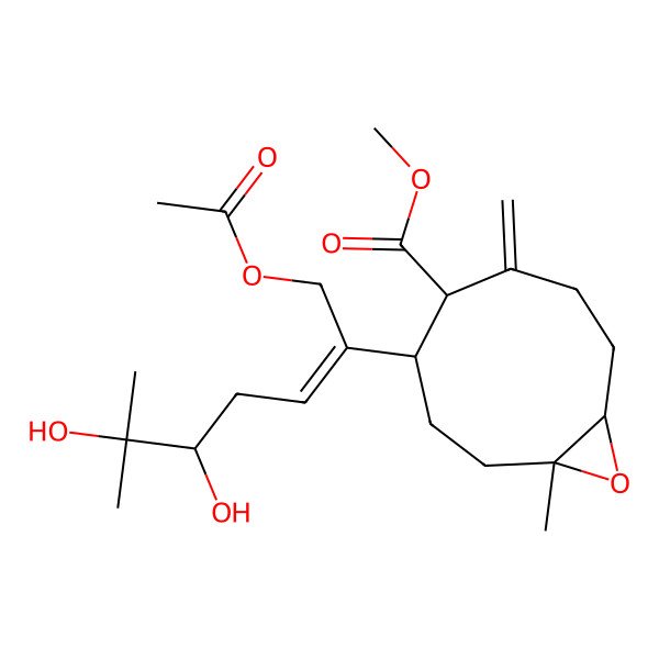 2D Structure of methyl (1S,4S,5R,9S)-4-(1-acetyloxy-5,6-dihydroxy-6-methylhept-2-en-2-yl)-1-methyl-6-methylidene-10-oxabicyclo[7.1.0]decane-5-carboxylate