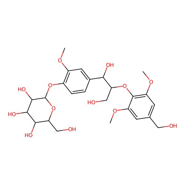 2D Structure of (2S,3R,4S,5S,6R)-2-[4-[1,3-dihydroxy-2-[4-(hydroxymethyl)-2,6-dimethoxyphenoxy]propyl]-2-methoxyphenoxy]-6-(hydroxymethyl)oxane-3,4,5-triol