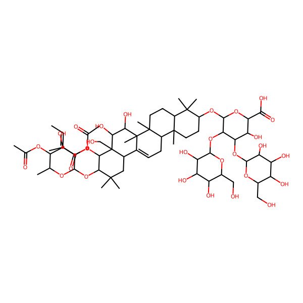 2D Structure of (2S,3S,4S,5R,6R)-6-[[(3S,4aR,6aR,6bS,7R,8S,8aR,9R,10R,12aS,14aR,14bR)-10-[(2S,3R,4R,5R,6S)-3,5-diacetyloxy-4-hydroxy-6-methyloxan-2-yl]oxy-7,8-dihydroxy-8a-(hydroxymethyl)-4,4,6a,6b,11,11,14b-heptamethyl-9-[(Z)-2-methylbut-2-enoyl]oxy-1,2,3,4a,5,6,7,8,9,10,12,12a,14,14a-tetradecahydropicen-3-yl]oxy]-3-hydroxy-4-[(2S,3R,4S,5R,6R)-3,4,5-trihydroxy-6-(hydroxymethyl)oxan-2-yl]oxy-5-[(2S,3R,4S,5S,6R)-3,4,5-trihydroxy-6-(hydroxymethyl)oxan-2-yl]oxyoxane-2-carboxylic acid