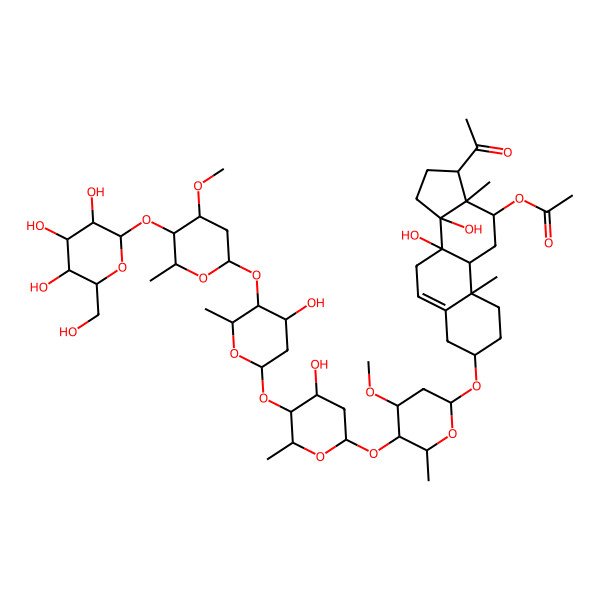 2D Structure of [(3S,8S,9R,10R,12R,13S,14R,17R)-17-acetyl-8,14-dihydroxy-3-[(2R,4S,5R,6R)-5-[(2S,4S,5S,6R)-4-hydroxy-5-[(2S,4S,5S,6R)-4-hydroxy-5-[(2S,4R,5R,6R)-4-methoxy-6-methyl-5-[(2S,3R,4S,5S,6R)-3,4,5-trihydroxy-6-(hydroxymethyl)oxan-2-yl]oxyoxan-2-yl]oxy-6-methyloxan-2-yl]oxy-6-methyloxan-2-yl]oxy-4-methoxy-6-methyloxan-2-yl]oxy-10,13-dimethyl-2,3,4,7,9,11,12,15,16,17-decahydro-1H-cyclopenta[a]phenanthren-12-yl] acetate