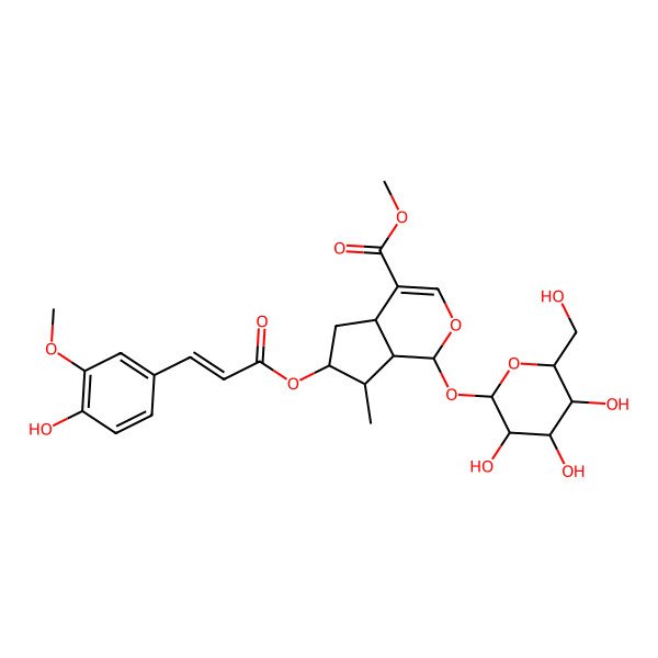 2D Structure of methyl (1S,4aS,6S,7R,7aS)-6-[(E)-3-(4-hydroxy-3-methoxyphenyl)prop-2-enoyl]oxy-7-methyl-1-[(2S,3R,4S,5S,6R)-3,4,5-trihydroxy-6-(hydroxymethyl)oxan-2-yl]oxy-1,4a,5,6,7,7a-hexahydrocyclopenta[c]pyran-4-carboxylate