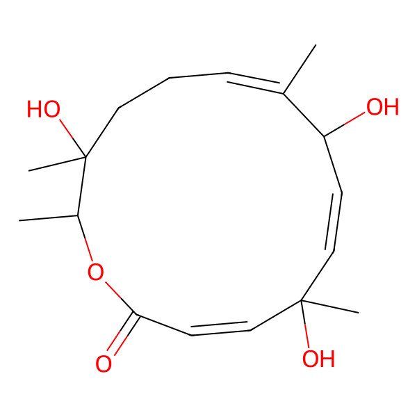 2D Structure of (3E,5R,6E,8S,9E,13R,14R)-5,8,13-trihydroxy-5,9,13,14-tetramethyl-1-oxacyclotetradeca-3,6,9-trien-2-one