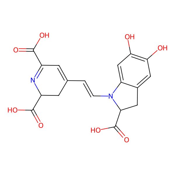 2D Structure of (2S)-4-[(E)-2-[(2R)-2-carboxy-5,6-dihydroxy-2,3-dihydroindol-1-yl]ethenyl]-2,3-dihydropyridine-2,6-dicarboxylic acid