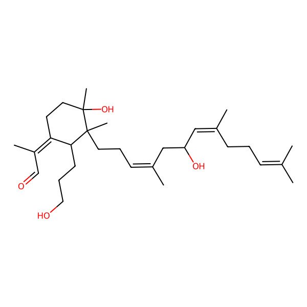 2D Structure of 2-[4-Hydroxy-2-(3-hydroxypropyl)-3-(6-hydroxy-4,8,12-trimethyltrideca-3,7,11-trienyl)-3,4-dimethylcyclohexylidene]propanal