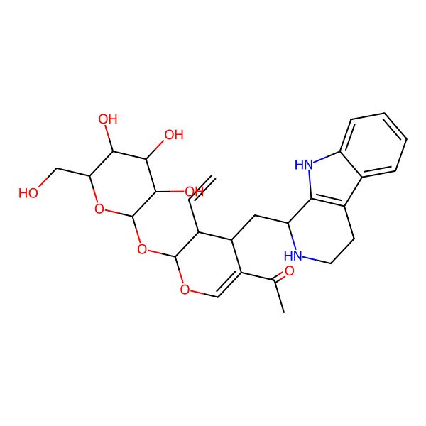 2D Structure of 1-[(2S,3R,4S)-3-ethenyl-4-[[(1S)-2,3,4,9-tetrahydro-1H-pyrido[3,4-b]indol-1-yl]methyl]-2-[(2S,3R,4S,5S,6R)-3,4,5-trihydroxy-6-(hydroxymethyl)oxan-2-yl]oxy-3,4-dihydro-2H-pyran-5-yl]ethanone