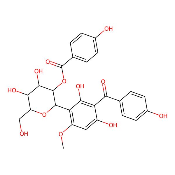 2D Structure of [(2S,3S,5S)-2-[2,4-dihydroxy-3-(4-hydroxybenzoyl)-6-methoxyphenyl]-4,5-dihydroxy-6-(hydroxymethyl)oxan-3-yl] 4-hydroxybenzoate