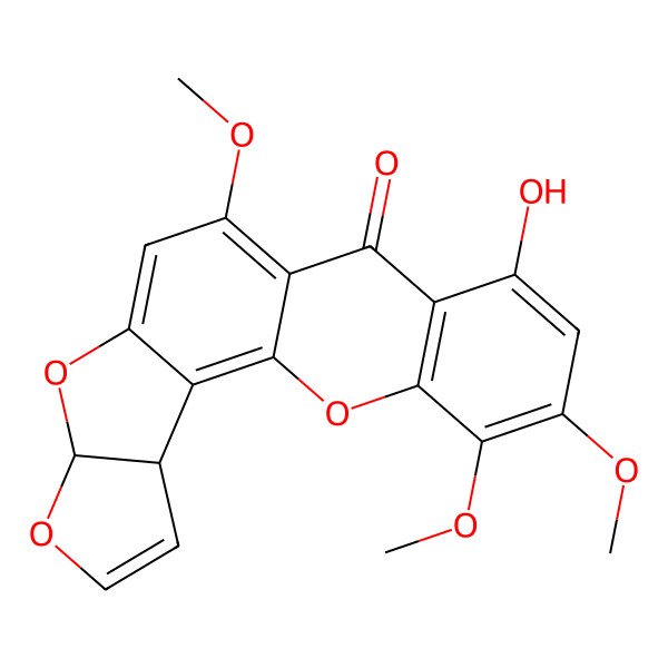 2D Structure of 7H-Furo(3',2':4,5)furo(2,3-c)xanthen-7-one, 3a,12c-dihydro-8-hydroxy-6,10,11-trimethoxy-, (3aR-cis)-