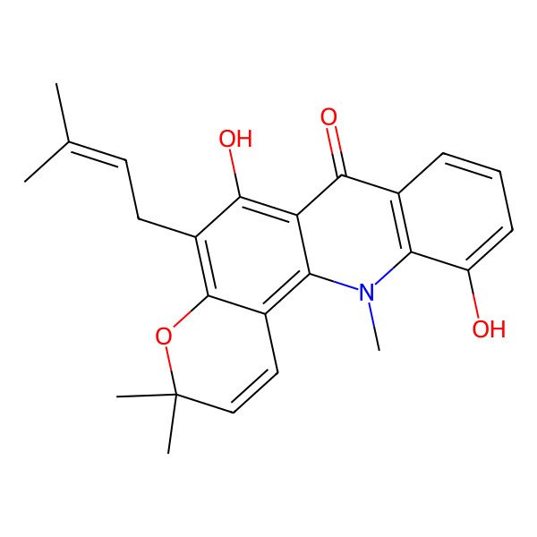 2D Structure of 7H-Pyrano[2,3-c]acridin-7-one, 3,12-dihydro-6,11-dihydroxy-3,3,12-trimethyl-5-(3-methyl-2-butenyl)-