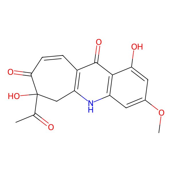 2D Structure of (7R)-7-acetyl-1,7-dihydroxy-3-methoxy-5,6-dihydrocyclohepta[b]quinoline-8,11-dione