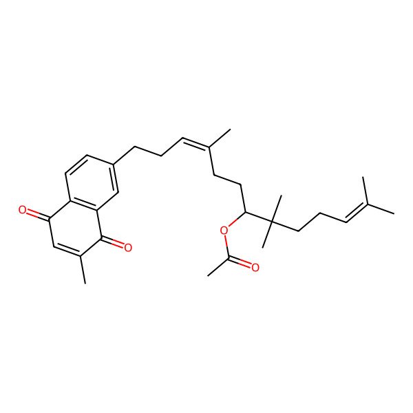 2D Structure of [(7R,10E)-2,6,6,10-tetramethyl-13-(7-methyl-5,8-dioxonaphthalen-2-yl)trideca-2,10-dien-7-yl] acetate