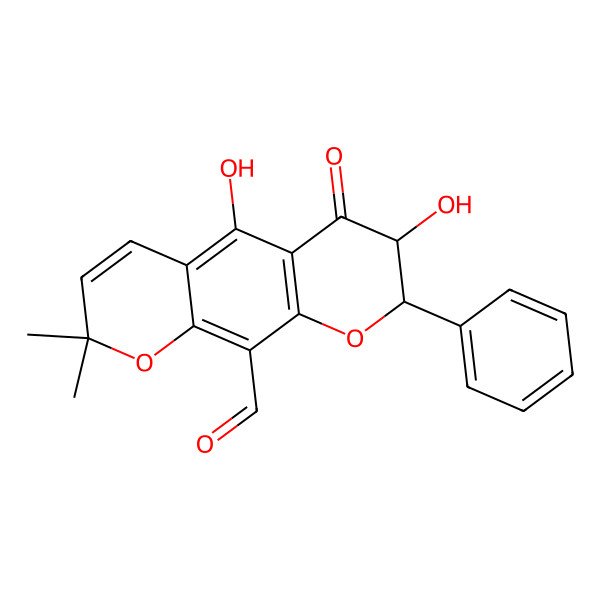 2D Structure of (7R,8R)-5,7-dihydroxy-2,2-dimethyl-6-oxo-8-phenyl-7,8-dihydropyrano[3,2-g]chromene-10-carbaldehyde