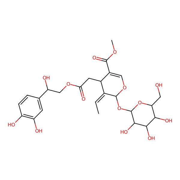 2D Structure of methyl (4S,5E,6S)-4-[2-[(2S)-2-(3,4-dihydroxyphenyl)-2-hydroxyethoxy]-2-oxoethyl]-5-ethylidene-6-[(2S,3R,4S,5S,6R)-3,4,5-trihydroxy-6-(hydroxymethyl)oxan-2-yl]oxy-4H-pyran-3-carboxylate