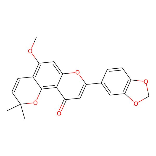 2D Structure of 8-(1,3-Benzodioxol-5-yl)-5-methoxy-2,2-dimethylpyrano[2,3-f]chromen-10-one