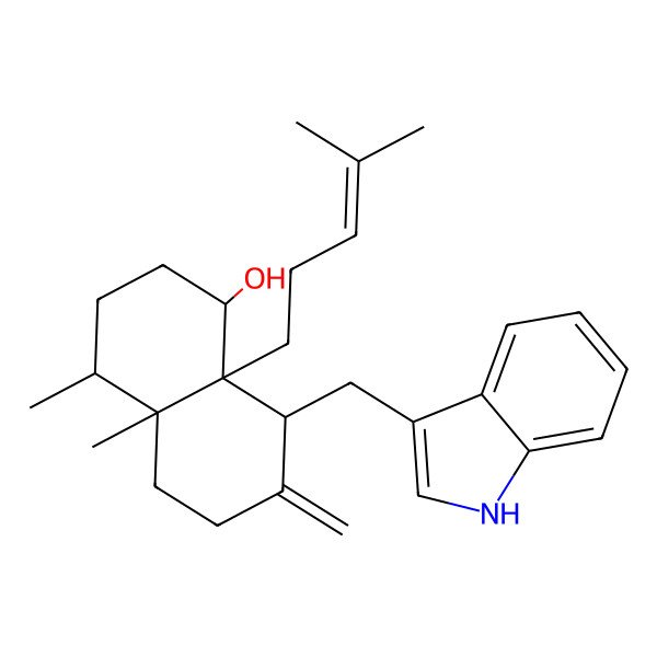 2D Structure of 8-(1H-indol-3-ylmethyl)-4,4a-dimethyl-7-methylidene-8a-(4-methylpent-3-enyl)-2,3,4,5,6,8-hexahydro-1H-naphthalen-1-ol 2D Structure of 8-(1H-indol-3-ylmethyl)-4,4a-dimethyl-7-methylidene-8a-(4-methylpent-3-enyl)-2,3,4,5,6,8-hexahydro-1H-naphthalen-1-ol