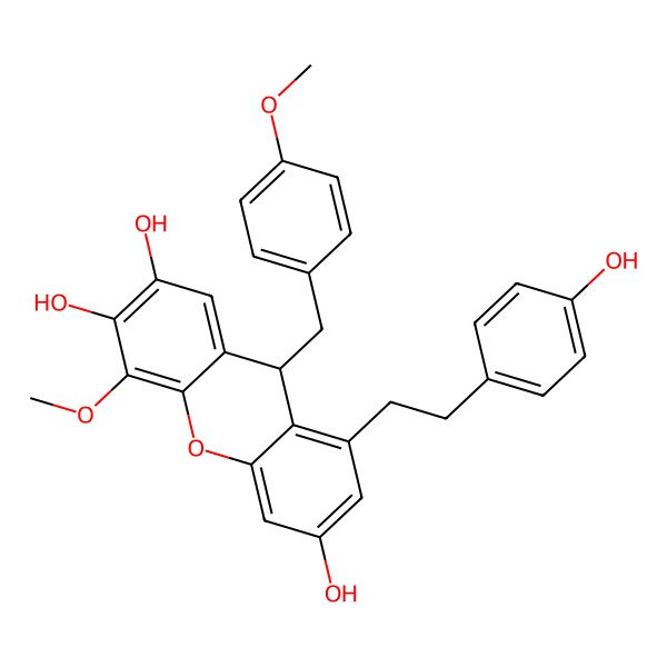 2D Structure of 8-[2-(4-hydroxyphenyl)ethyl]-4-methoxy-9-[(4-methoxyphenyl)methyl]-9H-xanthene-2,3,6-triol
