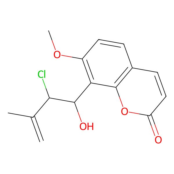 2D Structure of 8-(2-Chloro-1-hydroxy-3-methylbut-3-enyl)-7-methoxychromen-2-one 2D Structure of 8-(2-Chloro-1-hydroxy-3-methylbut-3-enyl)-7-methoxychromen-2-one
