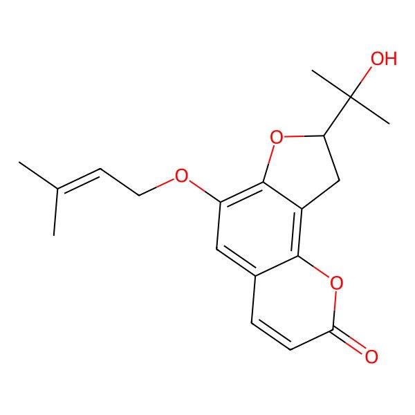 2D Structure of 8-(2-Hydroxypropan-2-yl)-6-(3-methylbut-2-enoxy)-8,9-dihydrofuro[2,3-h]chromen-2-one