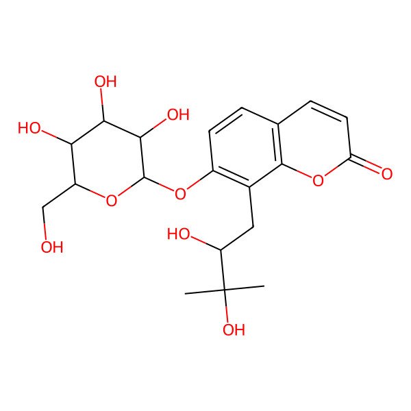2D Structure of 8-(2,3-Dihydroxy-3-methylbutyl)-7-[3,4,5-trihydroxy-6-(hydroxymethyl)oxan-2-yl]oxychromen-2-one